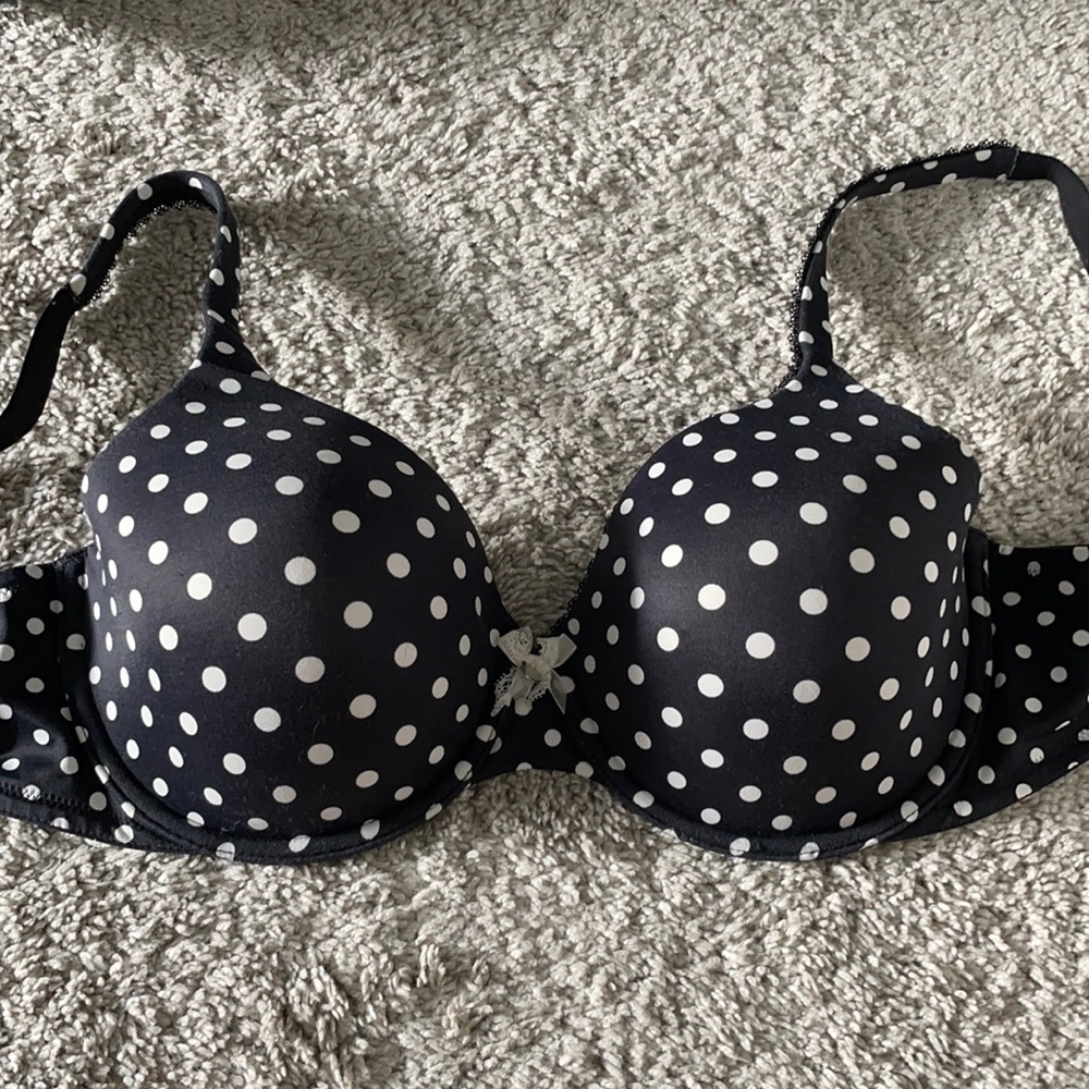 Worn once, black & white polka dot VS bra